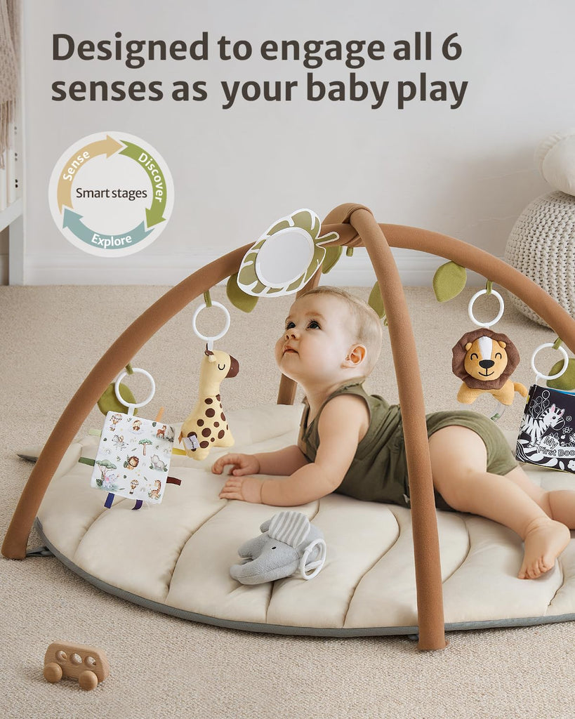 Play Gym & Activity Mat, Leaf Shaped Baby Tummy Time Play Mat with 6 Detachable Toys, Promotes Motor Skills & Sensory