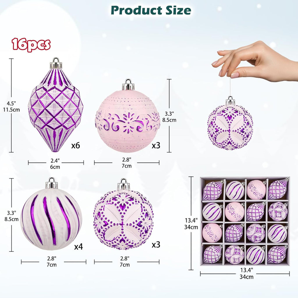 Shatterproof Christmas Ball Ornaments Set, Hand-Painted Holiday Decor with Assorted Sizes & Designs - Set of 16