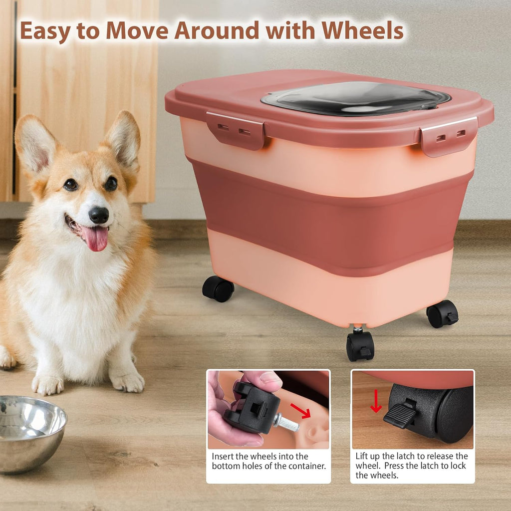 Dog Food Storage Container, 10-20Lbs Collapsible Pet Food Storage Containers with Rolling Wheel Airtight Locking Lid