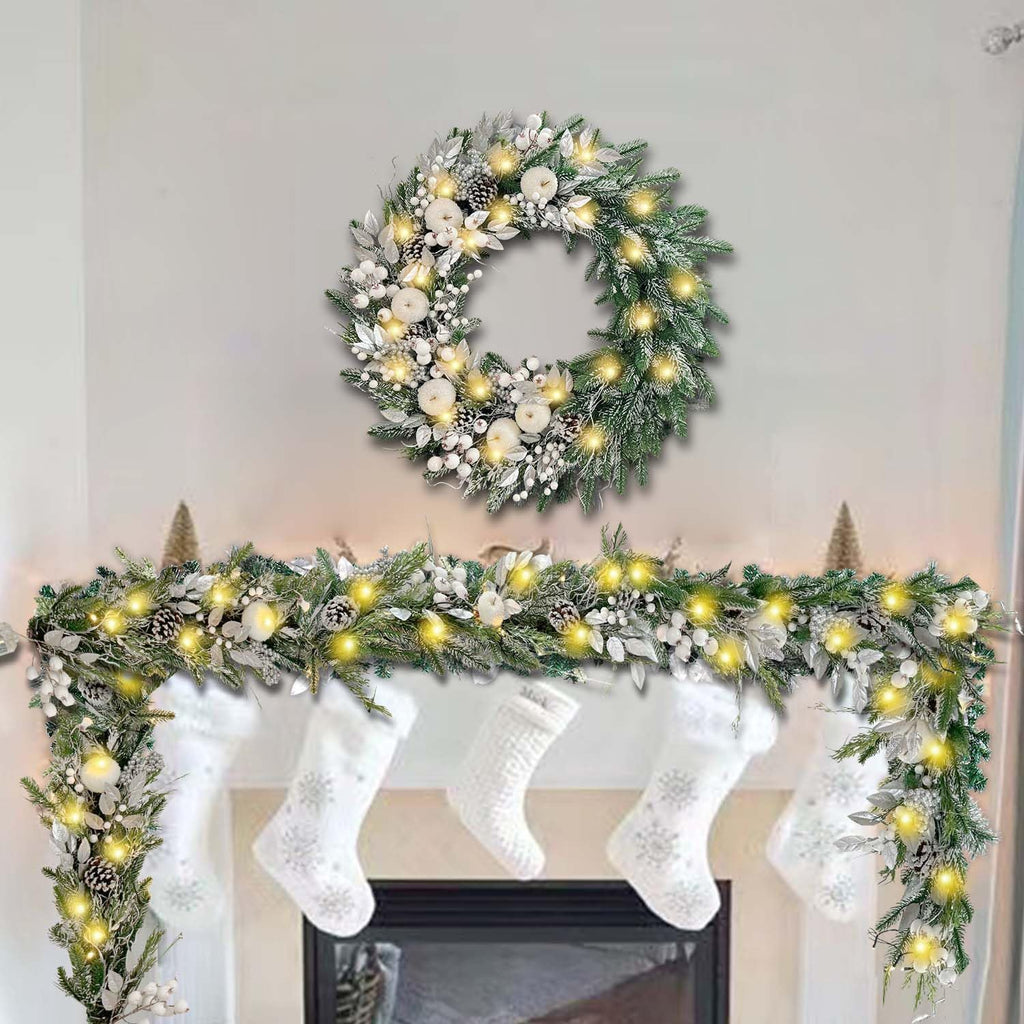 30 Inch Pre-Lit Silver White Christmas Wreaths for Front Door