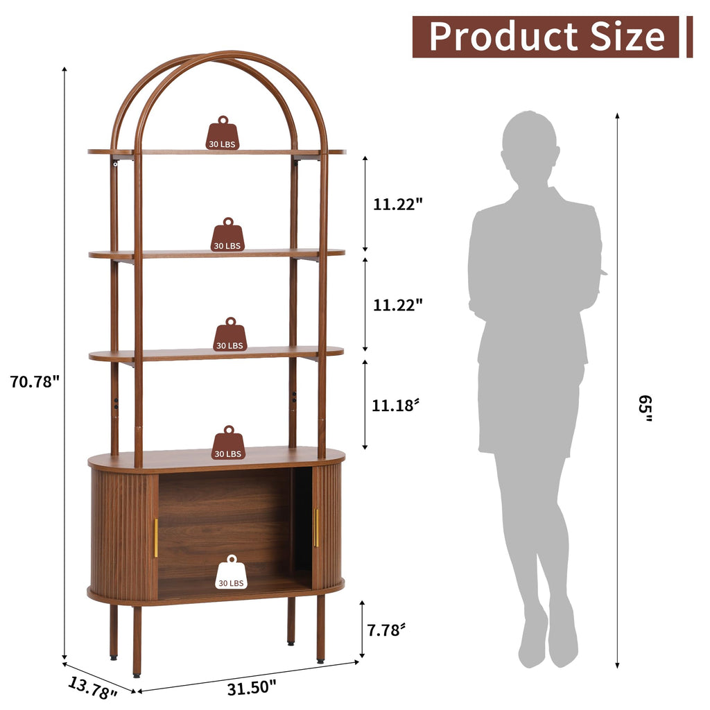 71" Tall Arched Bookshelf, Mid Century Modern Bookcase