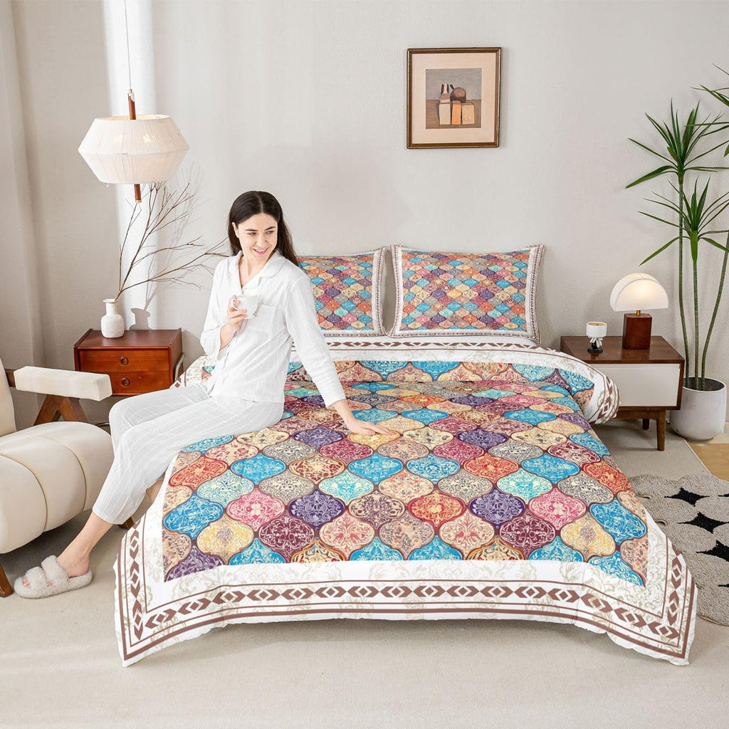 Exotic Style Comforter Set Queen Boho Damask Flower Bedding Set for Women Exotic Tribal Colorful Bohemian Down