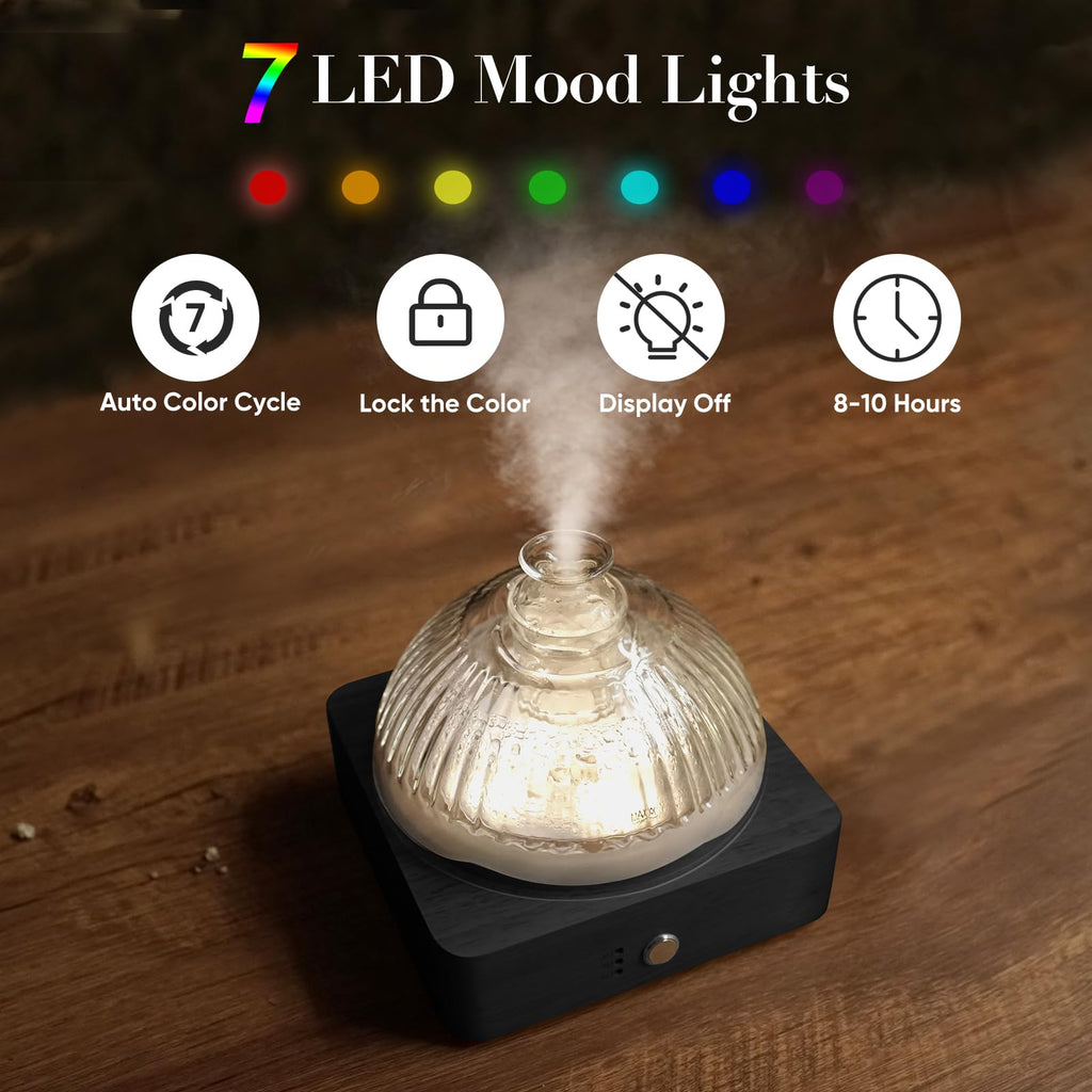 Glass Dome Essential Oil Diffuser with Glass Reservoir & Wood Base-Plastic Free, 200ml Ultrasonic Diffuser for