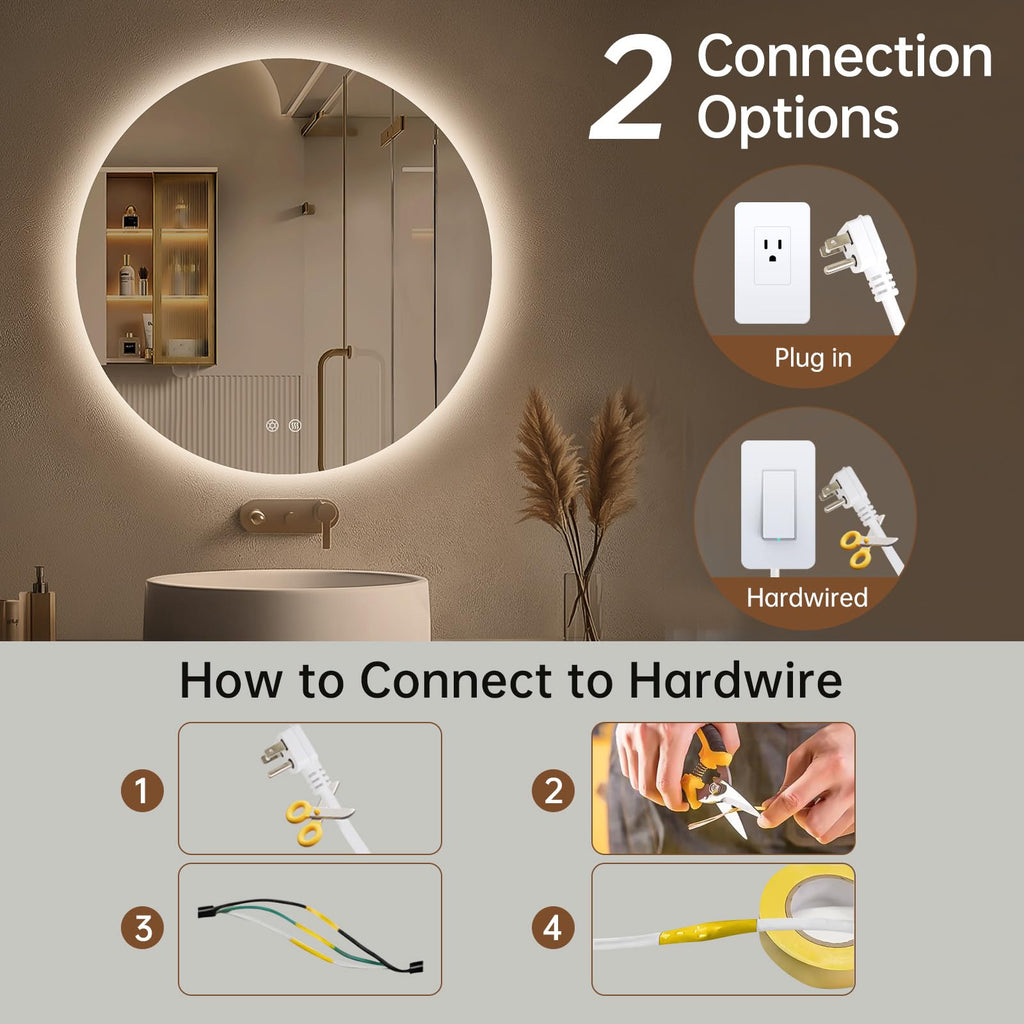 Round Backlit Mirror Bathroom 24", Circle LED Mirror