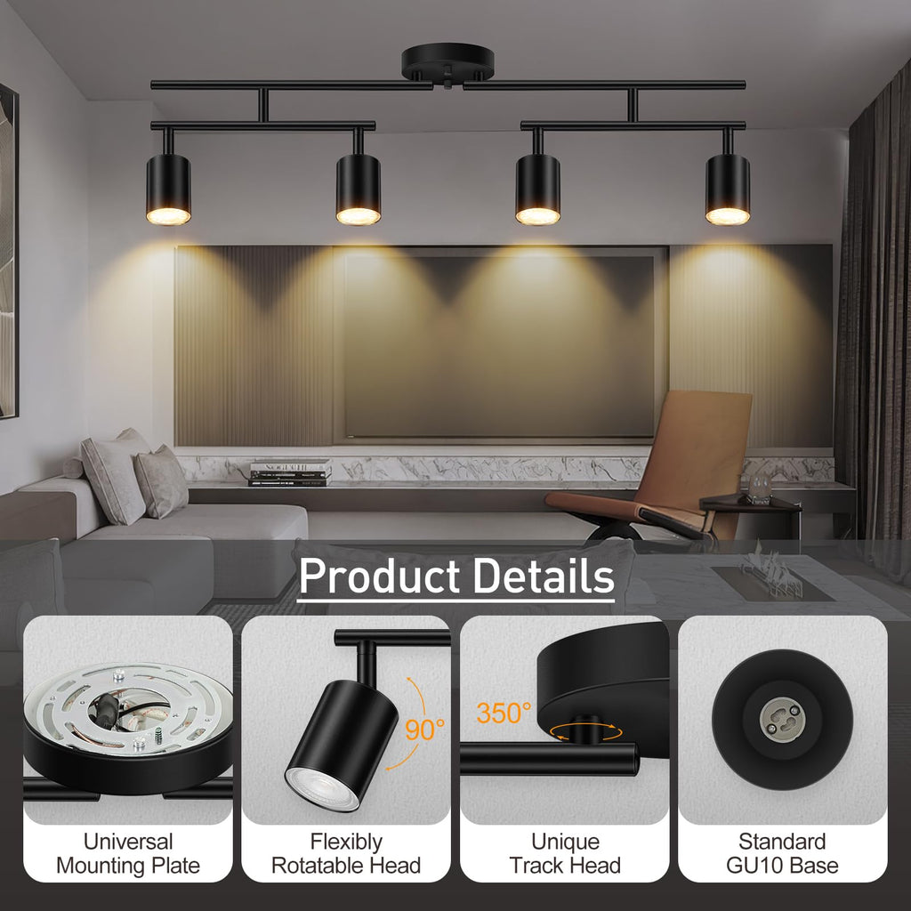 Black Track Lighting Kit, 30" LED Track Lighting Fixtures Ceiling, 4 Light Ceiling Spotlights, Kitchen Light