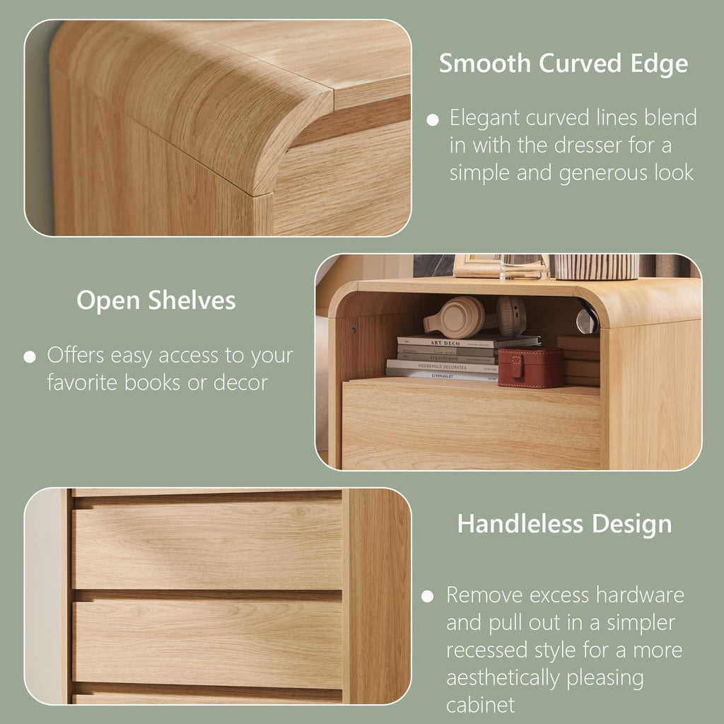 25" Tall Modern Nightstand with Charging Station, 23.6'' Wide Wood Bedside Table w/2 Storage Drawers, Large Mid