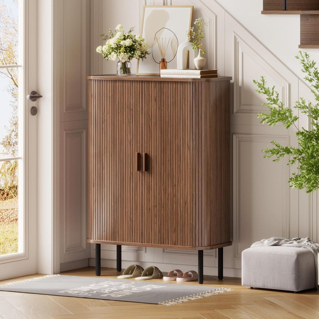6-Tier Shoe Cabinet with Sliding Door, Wooden Shoe Storage Cabinet with Adjustable Shelves, Mid-Century Modern