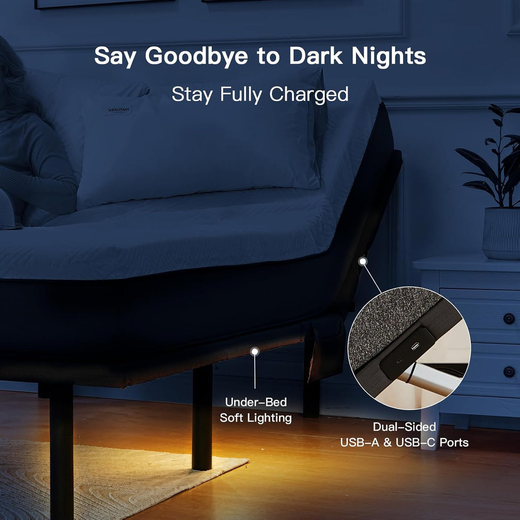 Split King Adjustable Bed Frame with Massage, Electric Bed Base with Head & Foot Incline, USB-A & USB-C Ports, LED
