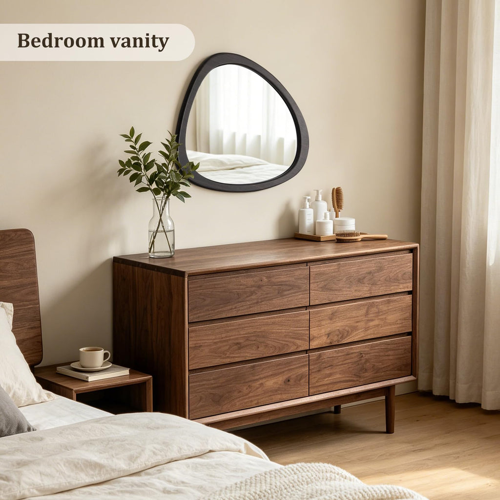 23 x 19 Asymmetrical Mirror, Irregular Wooden Wall Mirror - Mid-Century Modern Decorative Mirror, Solid Wood Frame