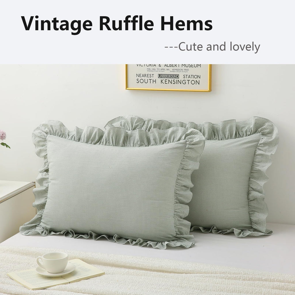 2 Pack Pile Green White Plaid Gingham Ruffle Pillow Shams Standard Size, 100% Washed Cotton Checkered Farmhouse