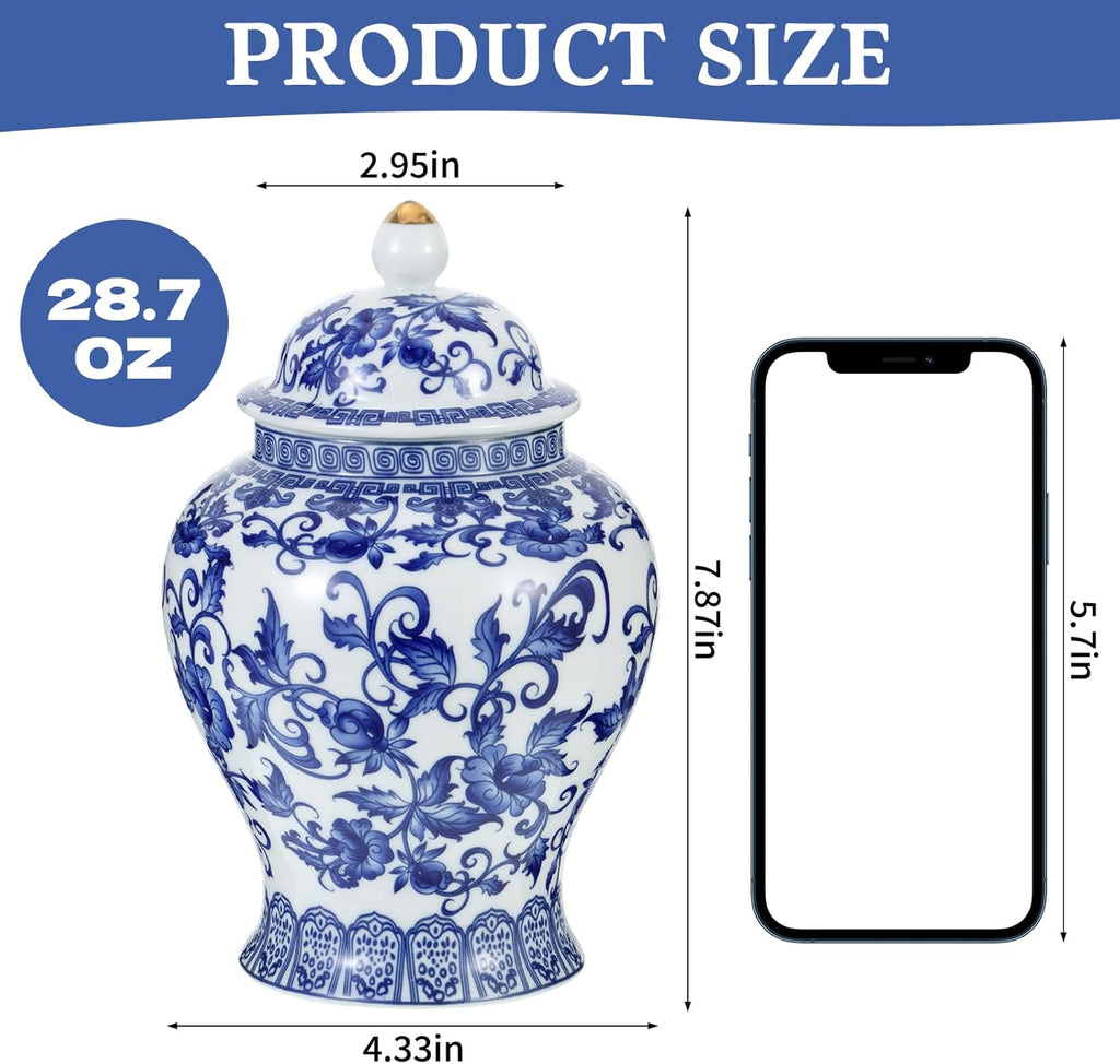 Small Chinoiserie Ginger Jar, 7.87 Inch Ceramic Blue and White Ginger Jar with Lid, Porcelain Ginger Jars Vase