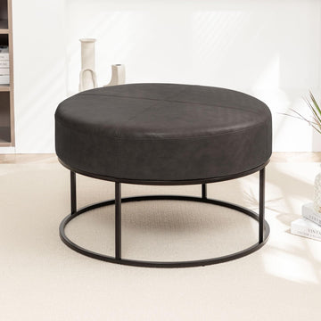 Modern Round Coffee Table, Farmhouse Ottoman, Large Vintage Faux Leather Coffee Tables with Leather Upholstered