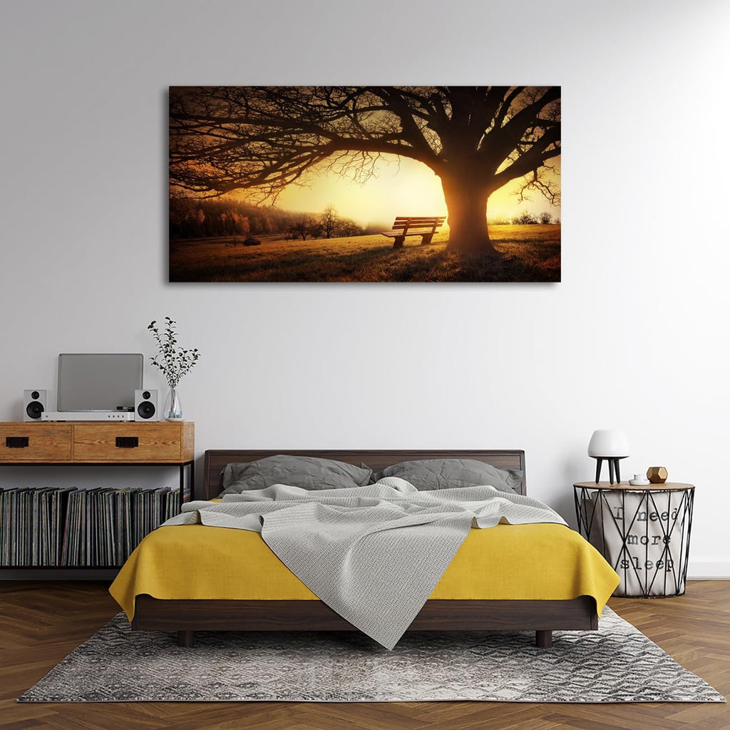 Wall Art Decor Canvas Print Picture Big Trees in Sunset 1 Panel Golden Sunset Forest Natural Landscape Painting