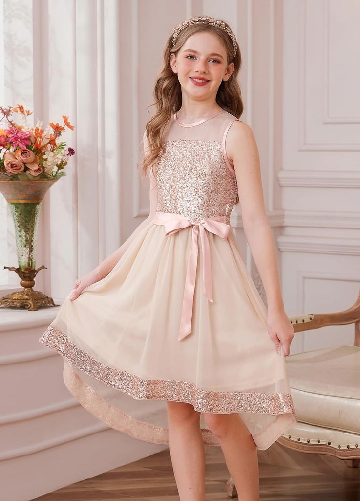 Girls Sequin Party Formal Dress Wedding Guest Sparkle Fancy Birthday Tulle High Low Prom Dresses