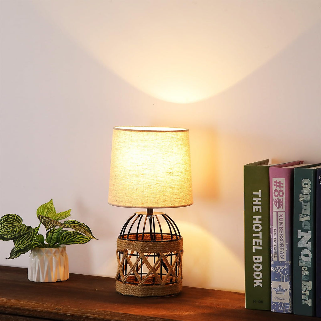 2 Pack Boho Rattan Table Lamps, Small Bedside Nightstand Lamp with Metal Cage Base Linen Shade, Farmhouse Coastal