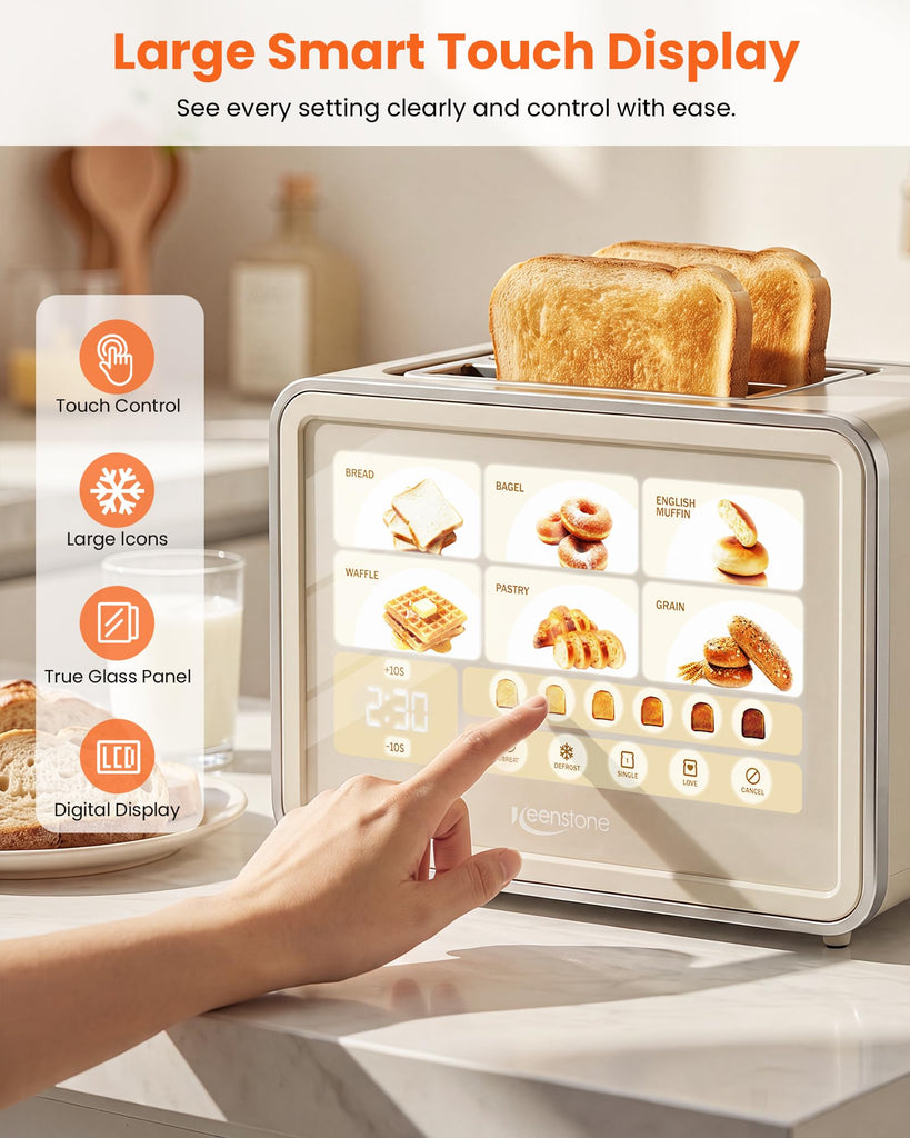 2 Slice Toaster, Smart Touch Screen Cream Toaster with Wide Slot