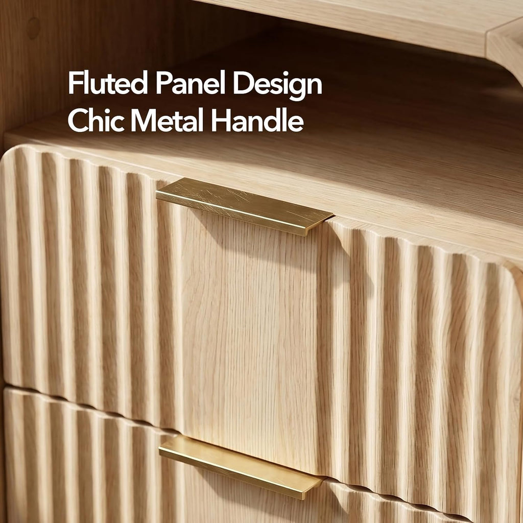 Nightstand, Modern Fluted Nightstand, Side Table with Charging Station, 2 Drawers, Open Shelf, Wood