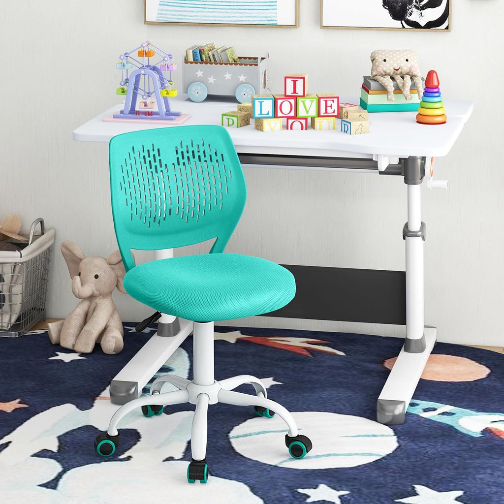 Kids Desk Chair, Armless Study Seat w/Wheels, Adjustable Height & Swivel, Low Back, Padded Cushion, Ergonomic Rolling