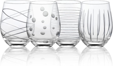 Hand Blown Etched Stemless Wine Glasses with Dots Strips Pattern for Red Wine,Large Carved Drinking Glass Cups
