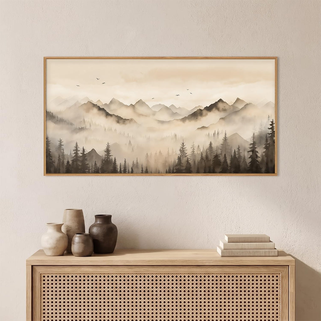 Neutral Misty Mountain Forest Framed Canvas Wall Art Set,Nature Foggy Pine Tree Landscape Wall Decor,Watercolor Beige