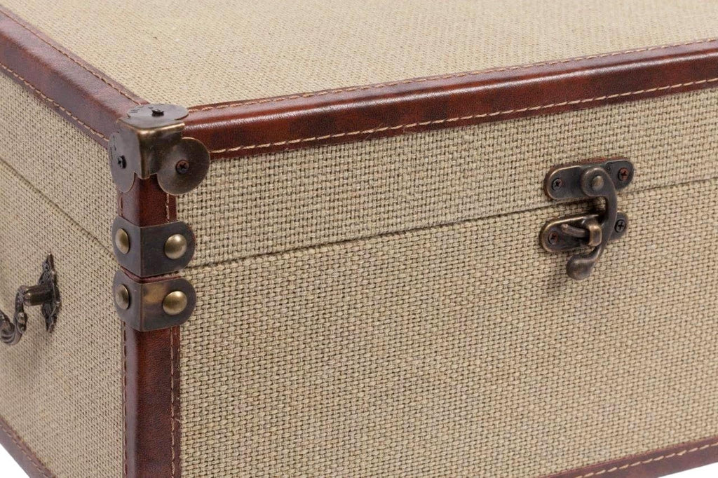 Farmhouse Decorative Storage Trunks Set of 3 Linen and Wood Boho Vintage Boxes with Metal Handles and Clasp, Rustic