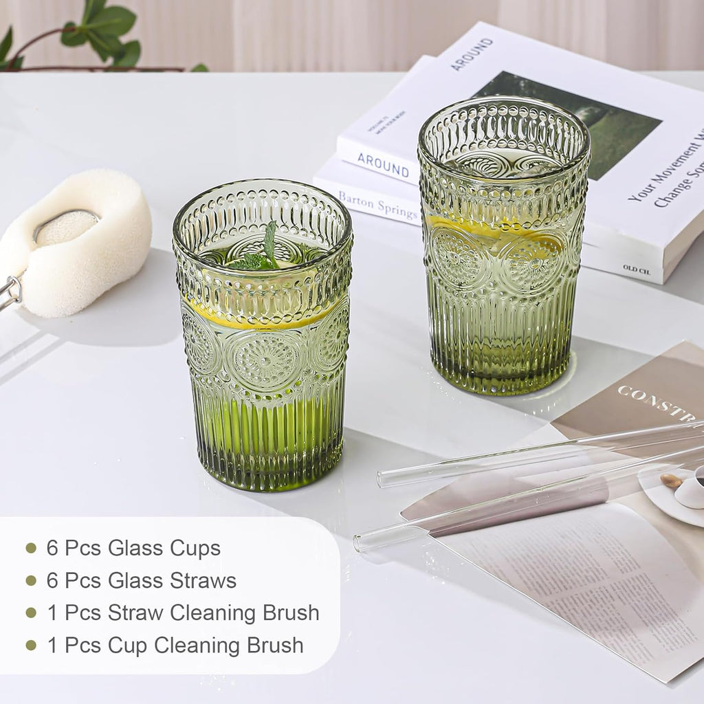 Vintage Glassware Drinking Glasses Set of 6, 13 oz Green Textured Flower Design Glass Water Tumblers，Embossed Striped