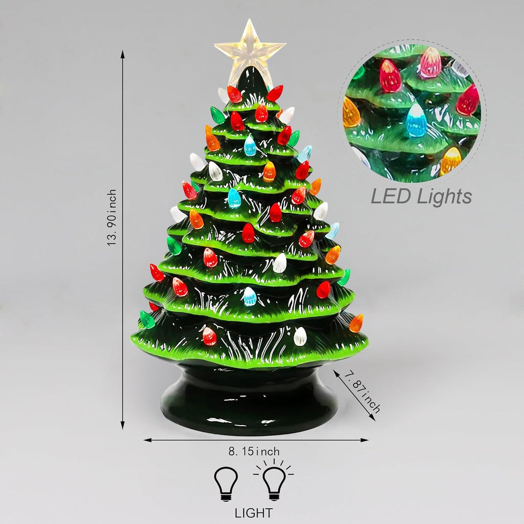 Ceramic Christmas Tree 14"H by LED Lighted Vintage Inspired Tabletop Décor with Multicolor Bulbs Star Battery
