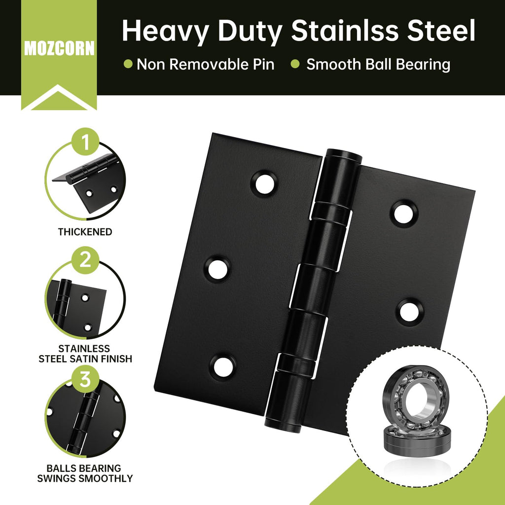 6 Pack Black Door Hinges 3.5 x 3.5 Inches, Heavy Duty Stainless Steel Ball Bearing Hinges with Screws, Square Corner