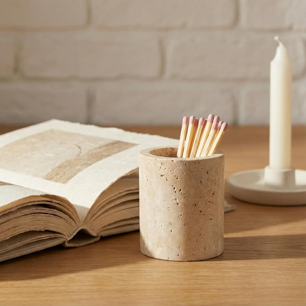 Match Holder with Striker Travertine Match Jar Decorative 2.5" x 3" Matchstick Organizer for Fireplace, Candles - Set of 3
