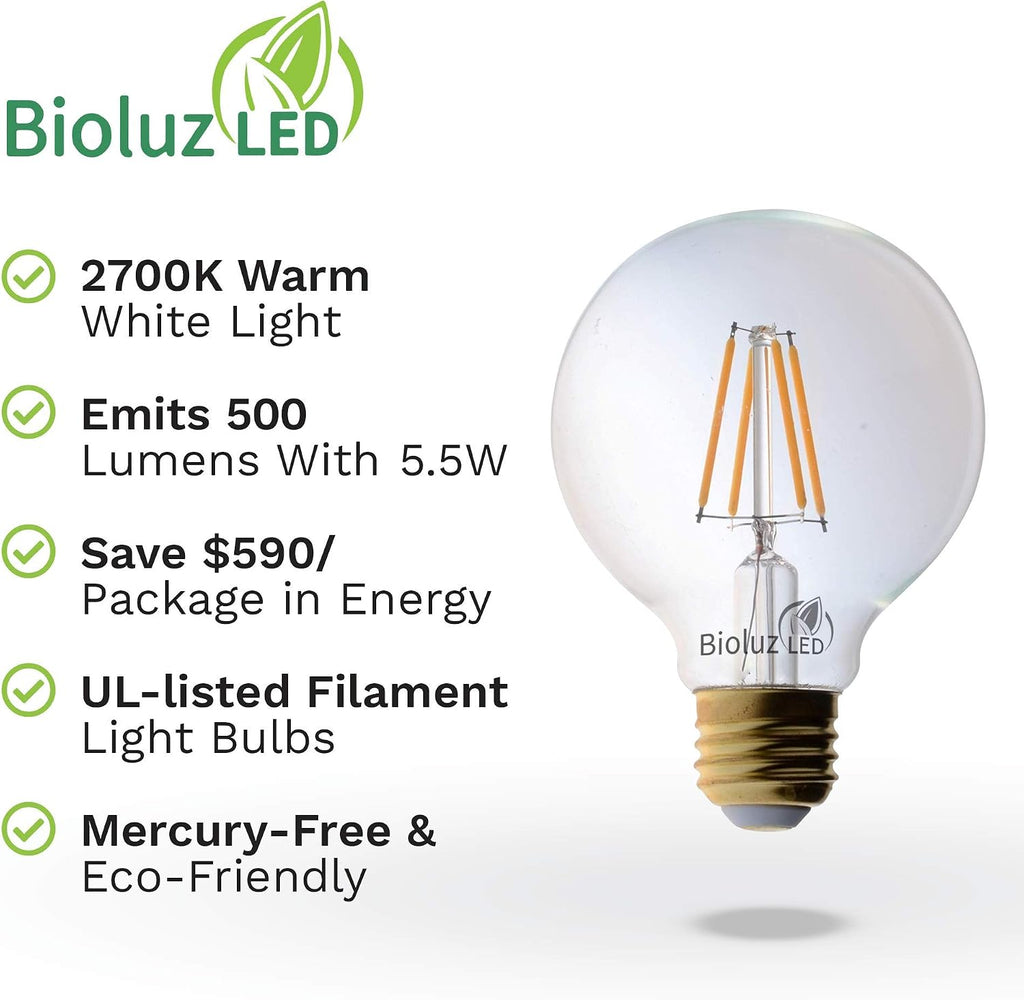 92 CRI G25 Globe Light Bulbs Clear Glass Filament 60W Replacement 5.5W Dimmable 2700K LED Bulb, Low Wattage Regular