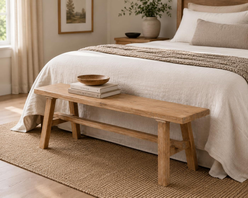 Solid Wood Bench, 39.4" Entryway Bench, Rustic Farmhouse Wooden Bench Indoor, Long Narrow Wood Bench End of Bed