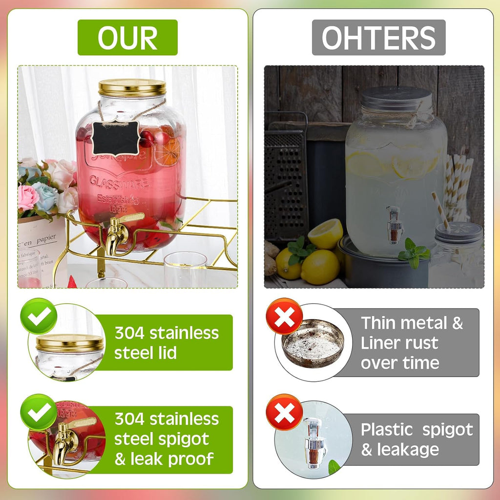 Gallon Glass Drink Dispenser with Stand Ice Cylinder Hanging Chalkboard Signs 18/8 Stainless Steel Spigot - Set of 2