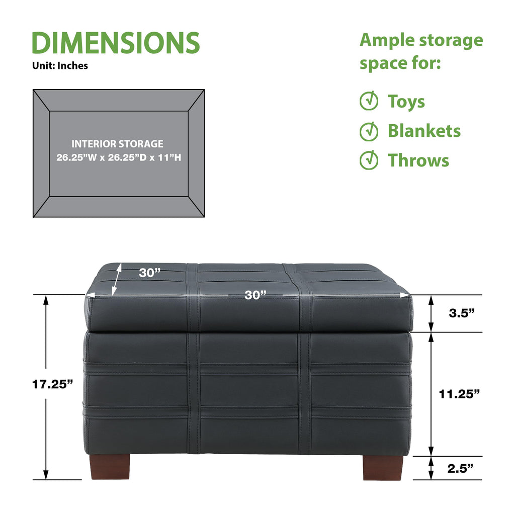 OSP Home Furnishings Detour Strap Square Storage Ottoman with Sliding Tray and Hinged Lid, Black Faux Leather