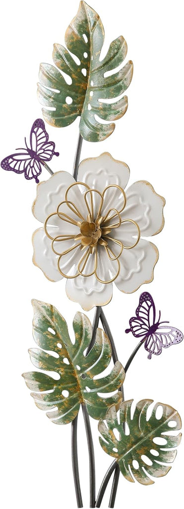 3D Metal Wall Decor 23 X 8 Inch, Flower, Butterfly and Leaves
