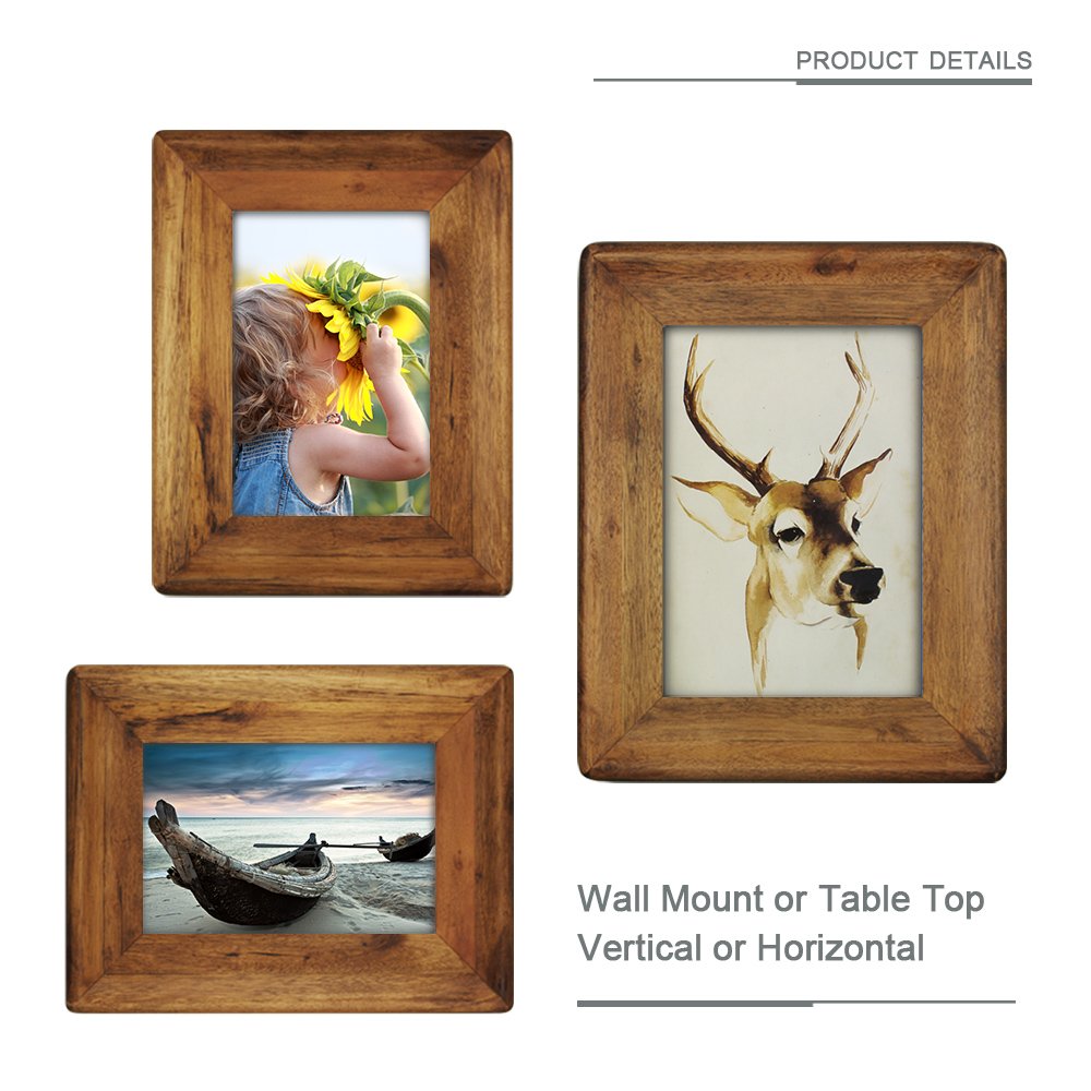5x7 Inch Rustic Wood Picture Frame, Solid Wood Photo Frame with Real Glass, Tabletop Standing or Wall Hanging