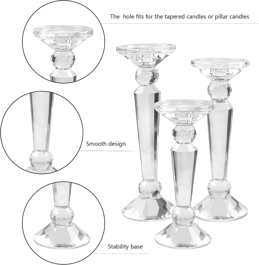 Crystal Candle Stick Holders Set of 3, Clear Crystal Taper/Pillar Candles Holder Table Centerpieces for Party and