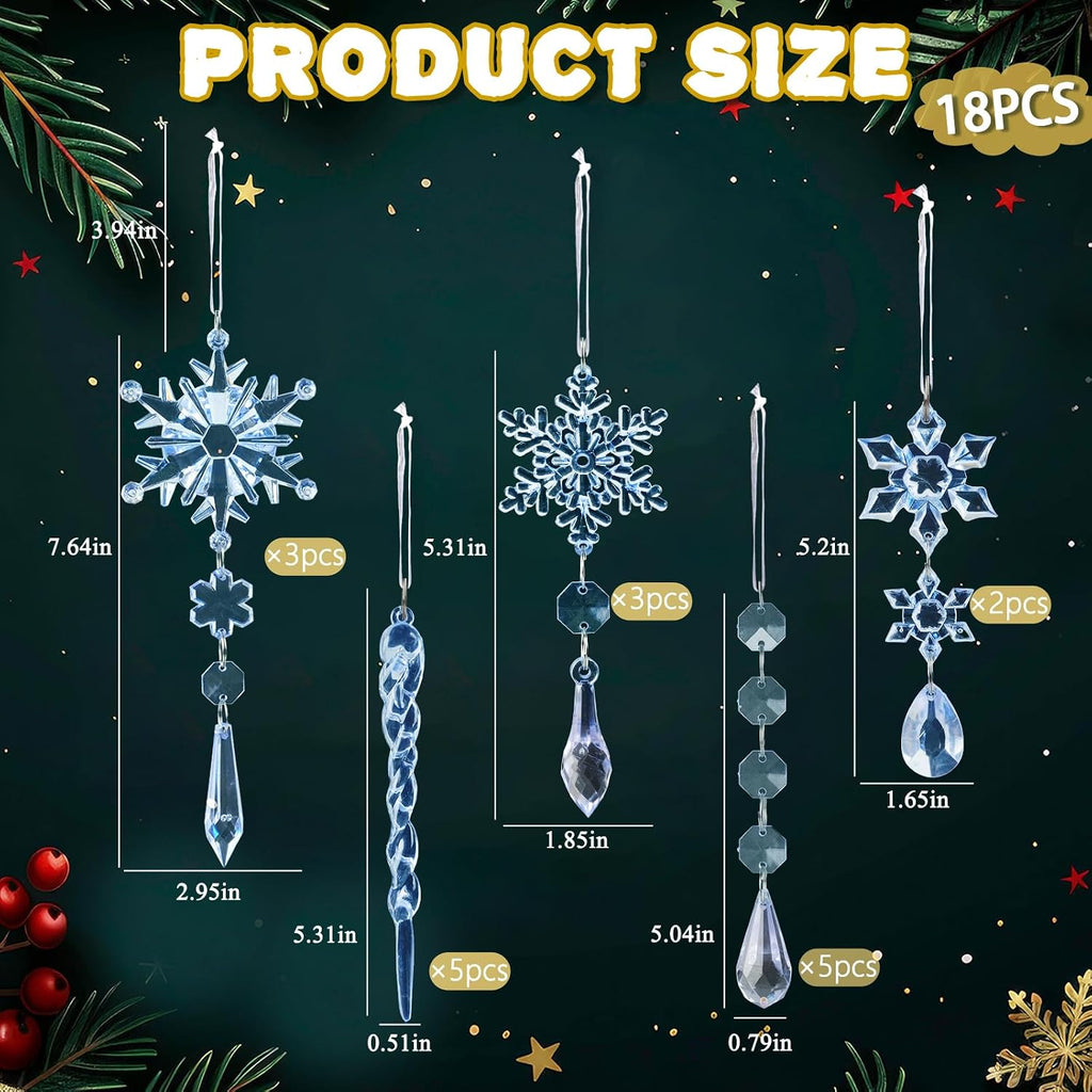 Crystal Christmas Tree Ornaments, Blue Acrylic Snowflake & Icicle - Set of 18
