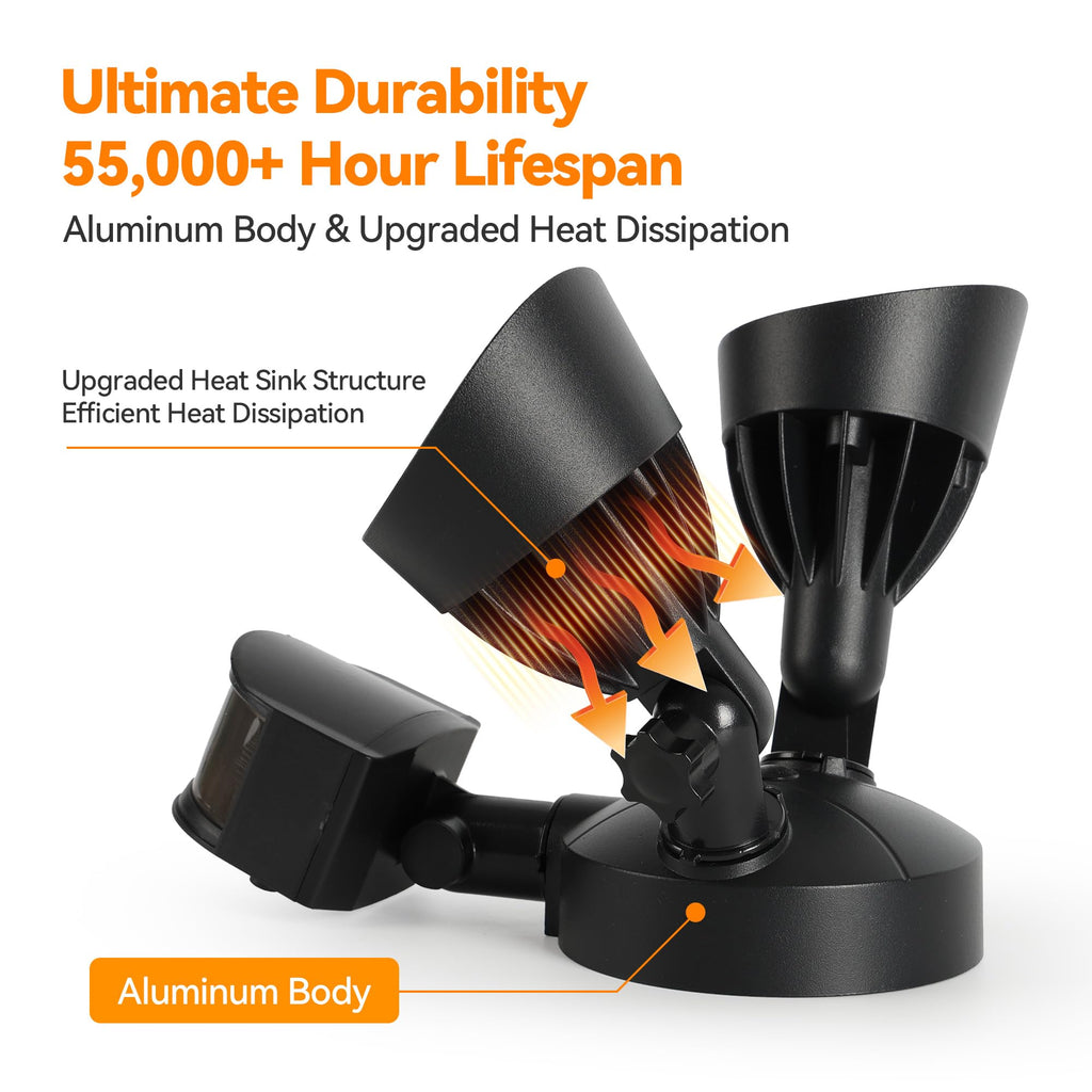 45W PIR Motion Sensor Outdoor Lights, Dual Head LED Flood Light, 5000K Daylight, IP65 Waterproof Hardwired