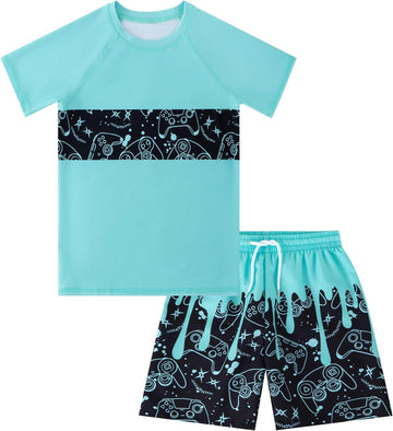 Boys Rash Guard Swimsuit Bathing Swim Trunk with Shirt 2 Piece Sets