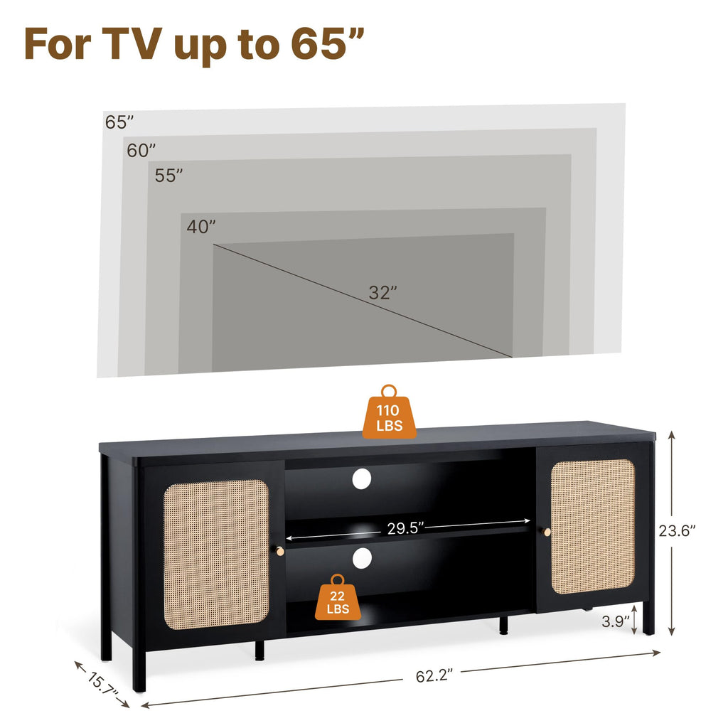 Rattan TV Stand for TVs up to 75'' Boho Entertainment Center with Adjustable Shelf Television Stand with 2 Storage