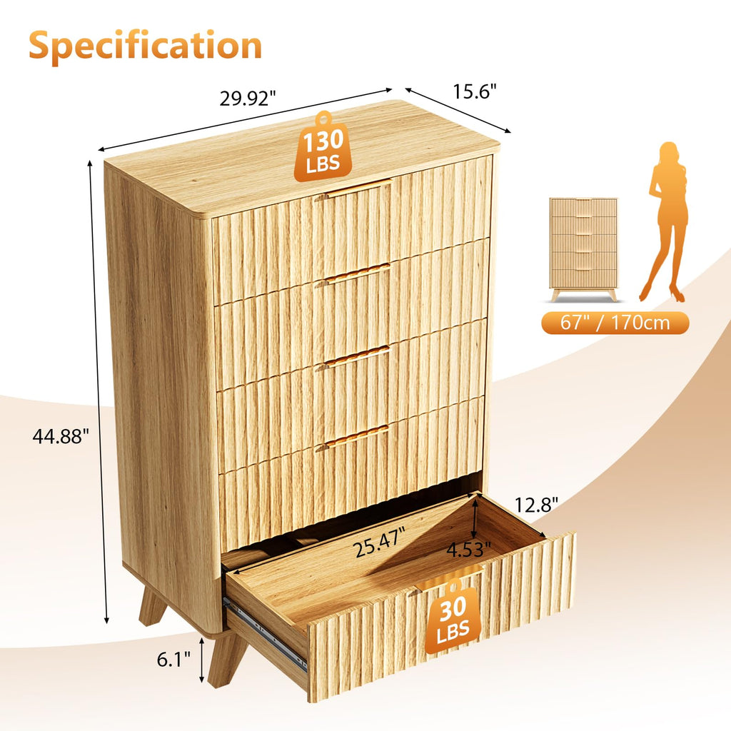 Tall, Fluted Vertical Chest of Drawers, Tall Chest of Drawers Bedroom with Rounded Edges, 29.92" W*15.6" D*44.88" H