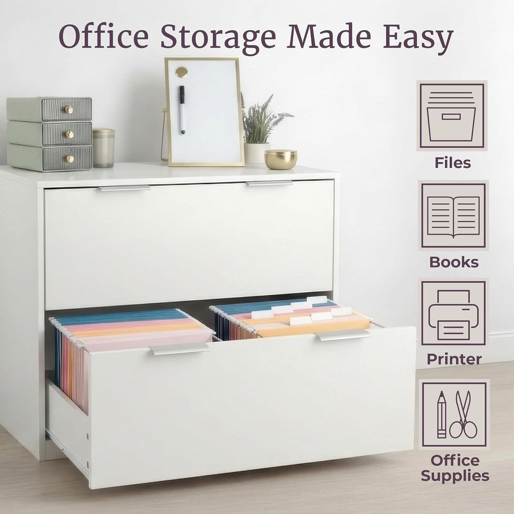 2 Drawer File Cabinet - Wooden Lateral Filing Cabinet with 2 Large Storage Drawers and Adjustable Hanging File Bars