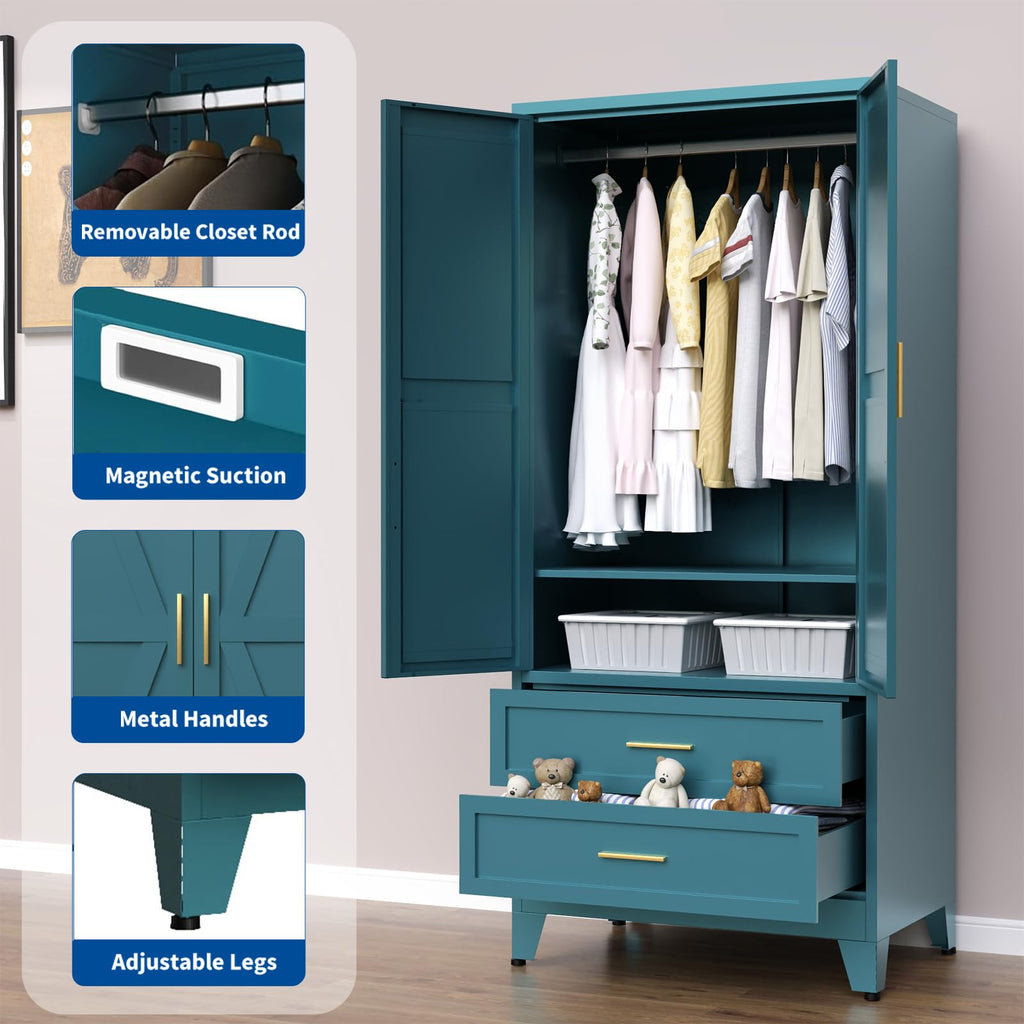 Steel Armoire Wardrobe Closet, 71" Metal Clothing Storage Cabinets with 2 Doors, 2 Drawers and 1 Adjustable Shelf