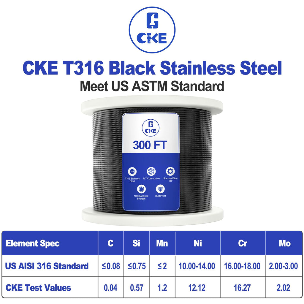 300FT 1/8" Black Stainless Steel Cable for Railing, T316 Stainless Steel Marine Grade Wire Rope for Deck Cable