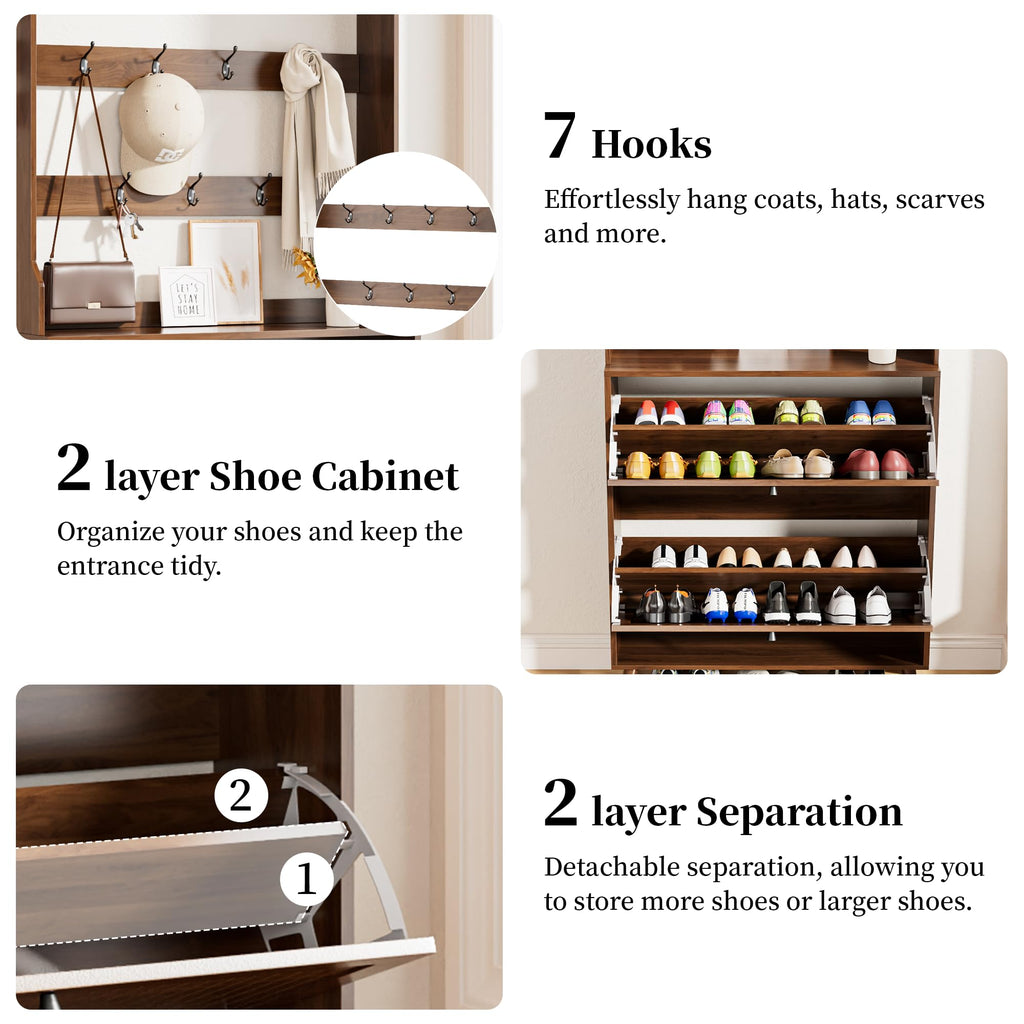 Shoe Storage Cabinet with 2 Fluted Flip Drawers & Coat Rack, Walnut