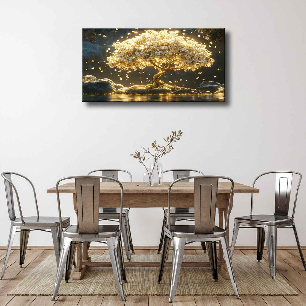 Large Tree of Life Canvas Wall Art Abstract Gold Tree Mountain Lake Decor painting Pictures Nordic Golden White