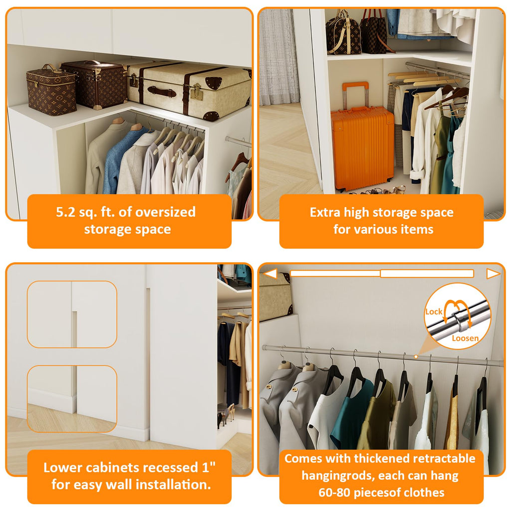 Corner Closet System with 3 Hanging Rods, 30.8"-70.2" L Shaped Freestanding Closet Organizer for Walkin Closet