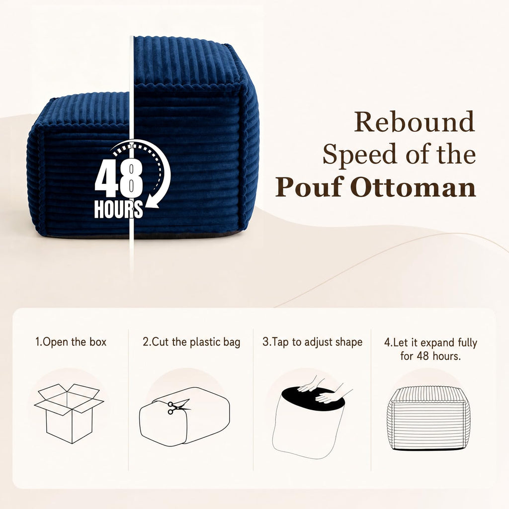Square Stuffed Pouf Ottoman with Foam Chunk Filling, Navy