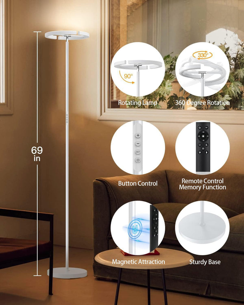 White Floor Lamp, Modern Stepless Dimmable Standing Lamp 3000-6000K, 20W LED Rotatable Reading Tall Lamp, Touch &