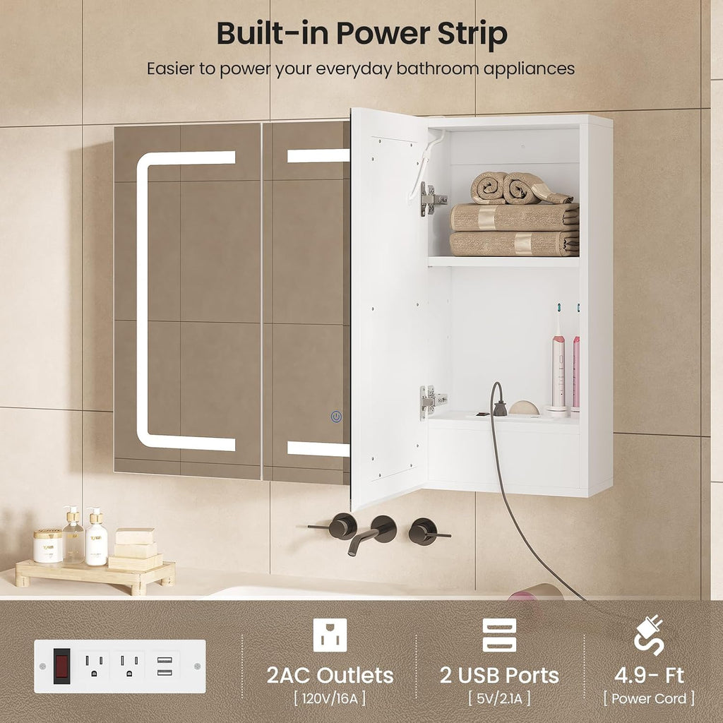 Medicine Cabinet Organizer with Mirror, Lighted Bathroom Medicine Cabinet with Storage, 3 Doors Bathroom Wall Cabinet